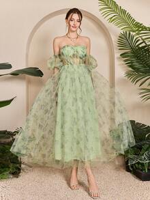 Mgiacy-流行、露肩、印花、细网眼、泡泡袖、大摆、高端、少女、连衣裙 - 綠色 - 查看 1