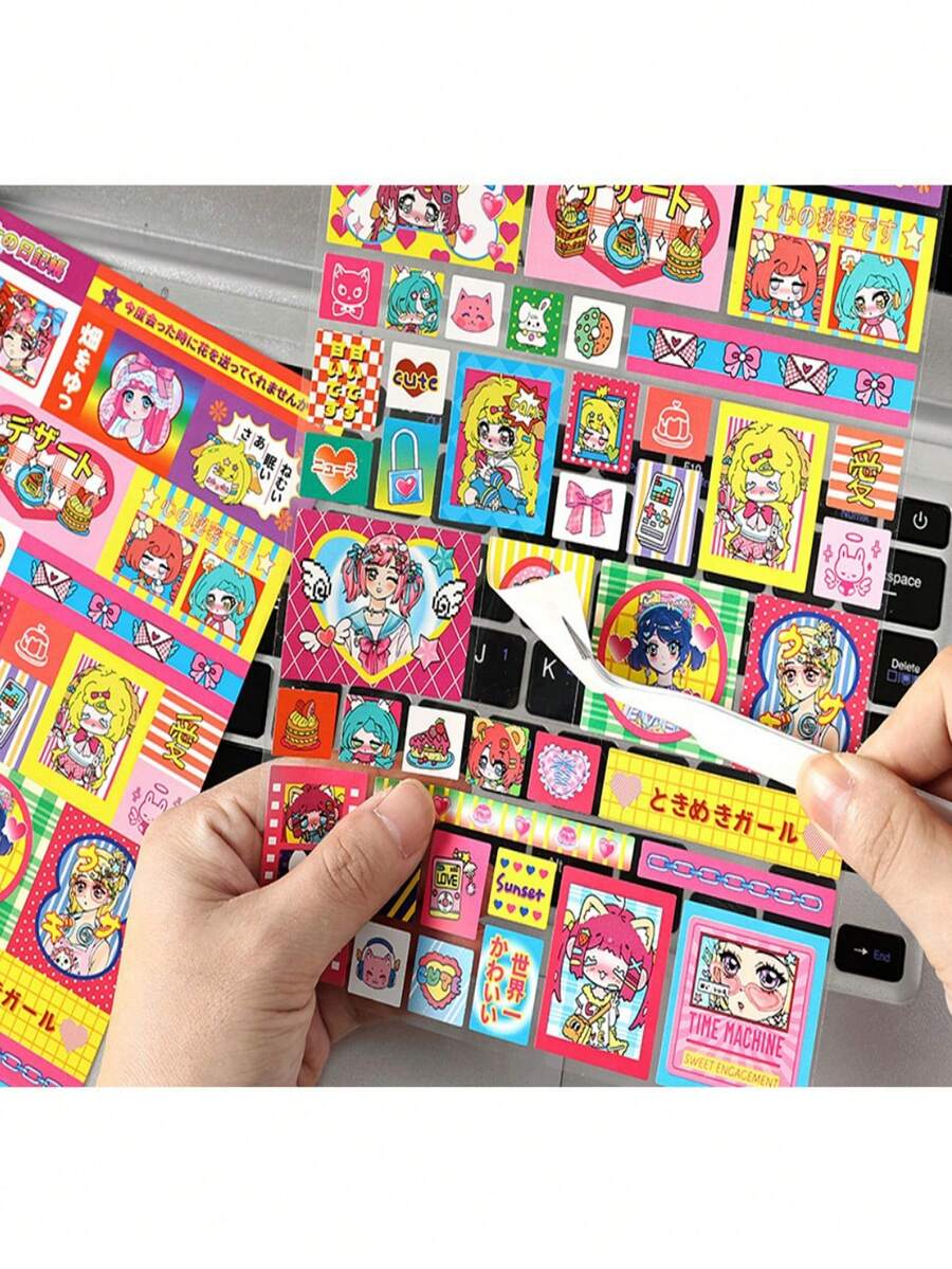 6张随机复古彩色卡通贴纸，可爱小狗+娃娃屋，美味甜点贴纸，适用于DIY剪贴簿 - 彩色 - 查看 1