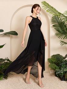 Mgiacy-流行、新品、圆领、撞色蕾丝、古典、伴娘服、荷叶边、前短后长、雪纺、长裙、适合、婚礼嘉宾 - 黑色 - 查看 5