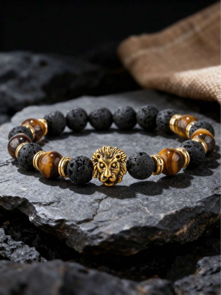 1件时尚流行的男士狮头装饰串珠手链，时尚饰品，适合送给丈夫、父亲和挚爱的家人