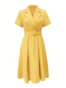 优雅、时尚、简约、精致的短袖连衣裙，收腰设计，A字廓形，适合办公室穿着。 - 黃色 - 查看 4