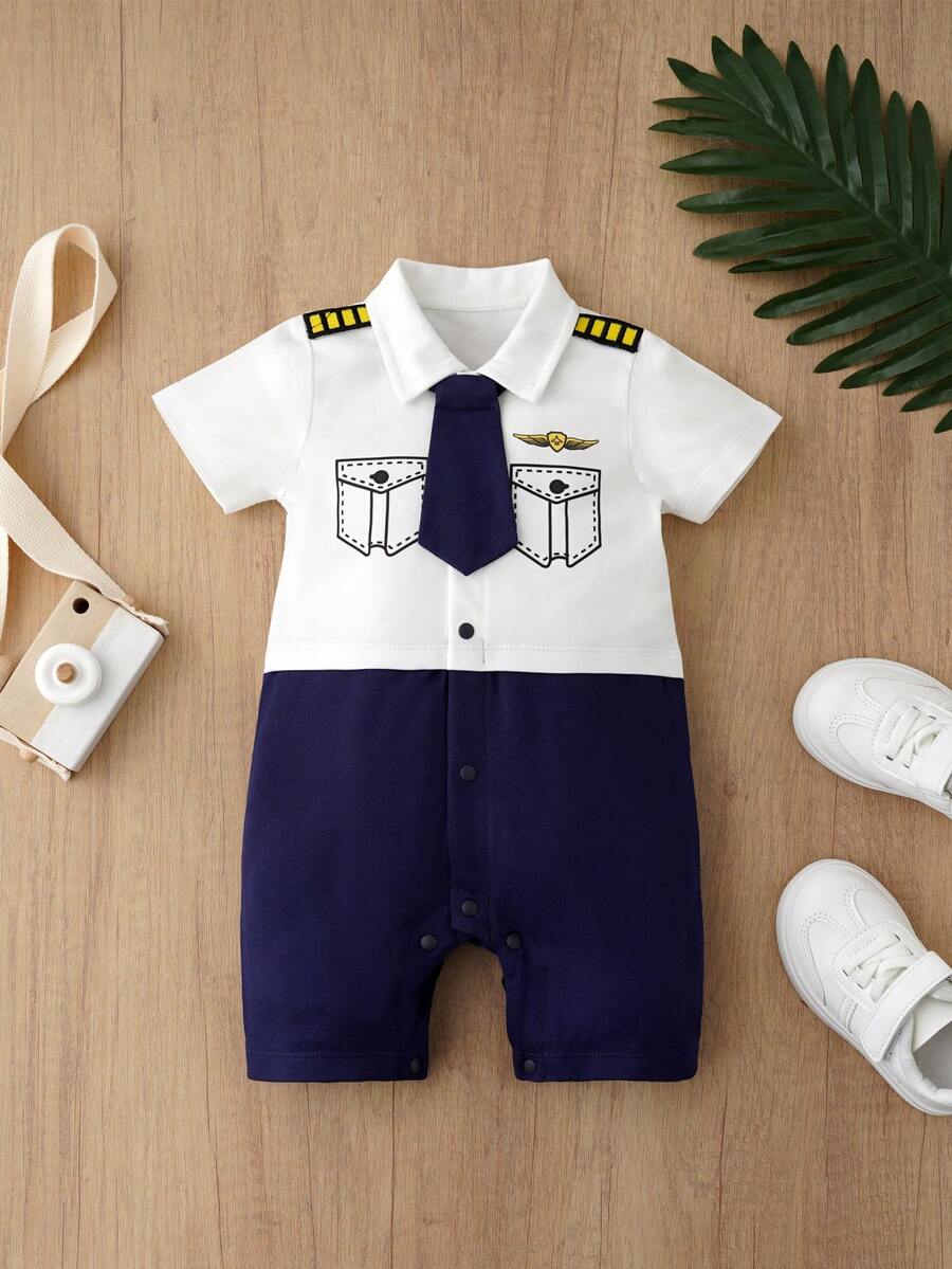 1pc Infant Pilot Jumpsuit, Baby Boy Short Sleeve Jumpsuit, Lightweight Spring/Summer Outfit, Suitable For Birthday/Holiday Gift - Multicolor - View 1