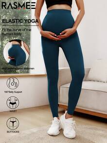 Maternity High Waist Seamless Elastic Solid Color Leggings, Suitable For Casual Daily Wear Spring - Hunter Green - View 2