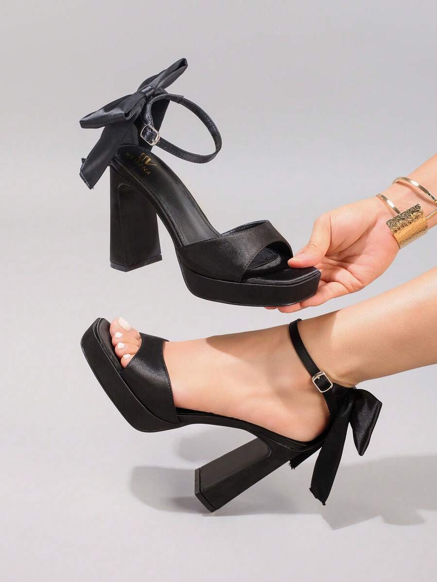 Giày sandal cao gót đen thắt nơ gợi cảm dành cho nữ, đế xuồng hở mũi, gót chunky, giày dự tiệc thời trang, phù hợp với trang phục mùa xuân hè. - màu đen - Xem 1