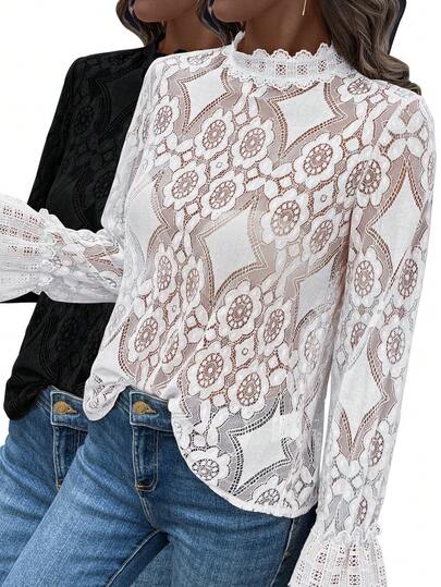 2pcs Women Lace Patchwork Stand Collar Long Sleeve Elegant Hollow Out Blouse Set