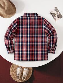 Young Boy Classic Street Casual Red & Black Plaid Long Sleeve Shirt - Multicolor - View 2
