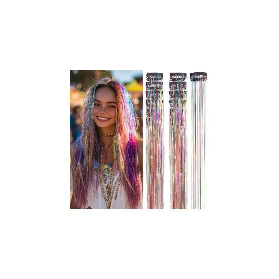 Hair Tinsel Clip In Tinsel Rainbow Fairy Glitter Hair Tinsel Kit For Women Hair Extensions Heat Resistant 21.5In 12Pcs Festival Accessories For Party, Christmas, New Year, Halloween, Cosplay,Rainbow - Rainbow - 查看 1