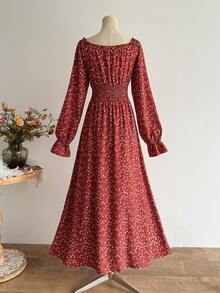 Rusttydustty Vestido boho style floral com decote em V e babados, elegante e casual, perfeito para férias e festivais de música. - Vermelho - Ver 3