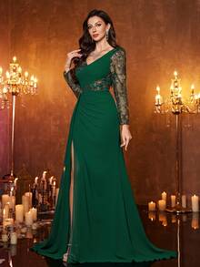 SUPGIR 女士【随机印花】V领长袖修身开衩亮片拼接雪纺晚礼服 - 墨綠色 - 查看 4