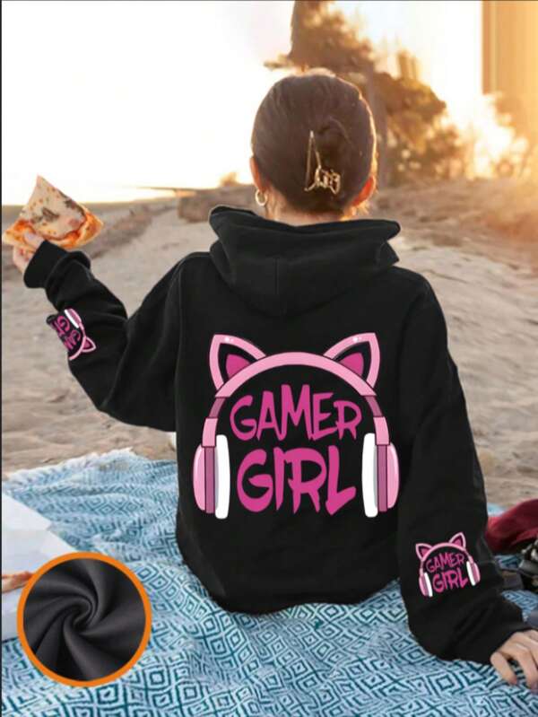 Tween Girls Cute Cartoon Print Hoodie, Autumn/Winter,Comfortable Fashion Long Sleeve Pullover, Graduation,Back To School Outfits