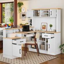 Velacasa L-Shaped Computer Desk With Outlet, Drawers, Bookshelf, Modern Corner Desk, L-Shaped Study Table Writing Desk,Corner Gaming Computer Desk With Storage,Blue - Trắng + Ván dăm + MDF + 76,7"45,2"54" - Xem 2