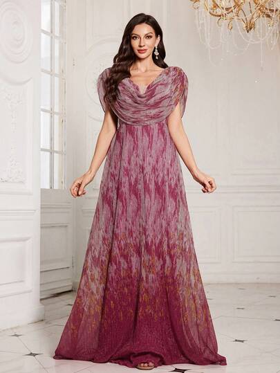 [Random Cut] Women's Elegant Backless Glitter Chiffon Batwing Sleeve Draped Neck Bridesmaid Evening Dress