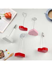 3 قطع/مجموعة مشابك مذكرات بشكل قلب - حاملات ملاحظات معدنية وحمراء/وردية لحفلات الزفاف وعيد الحب والعشاء الرومانسي - حاملات بطاقات طاولة متينة، اكسسوارات مكتبية زخرفية - متعدد الألوان - مشاهدة 5