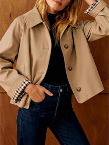 Womens Cropped Trench Coat Classic Collar Single Breasted Long Sleeve Oversized Casual Jackets With Checkered Lining Fashion Outerwear - Màu Khaki - Xem 1