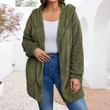 Chaqueta con capucha de forro polar suave cremallera completa para mujer fitness fuera de oficina, ligera clida manga larga, abrigo exterior, prenda cmoda - Verde militar + 2XL - Ver 3