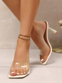 Damen Mode einfarbige offene Zehe Lässig bequeme einfache personalisierte transparente Riemen Slip-On High Heel Sandalen - Weiss - Übersicht 3