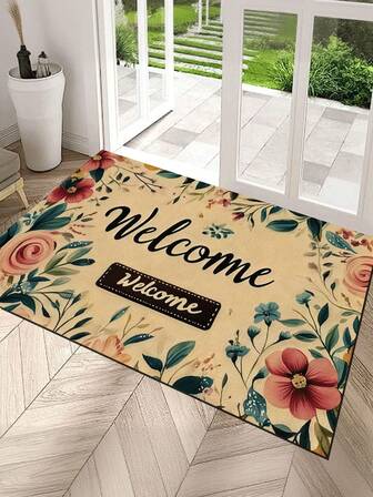 1pc Welcome Floral Decorative Doormat, Entryway Rug - Indoor/Outdoor Entrance Mat, Front Door Mat, Suitable For Home, Bathroom, Kitchen, Living Room, Stairs, Durable, Non-Slip, All Season Carpet Doormat
