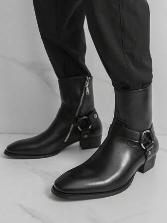 Unisex retro svarta punk derbystövlar, spänne och dragkedja i sidan, mångsidig vintagestil lämplig för vardagsbruk, modeevenemang och unika utflykter, med både Chelsea- och derbystövlars egenskaper.