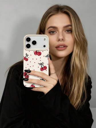 1 pieza Funda de teléfono suave, a prueba de agua y golpes, con textura y diseño minimalista de corazón de cereza, adecuada como regalo de cumpleaños/festividad para amigos, familia, parejas, compatible con teléfonos Apple//