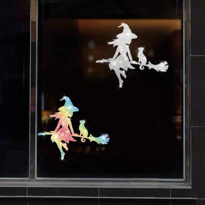 1张万圣节魔法少女与猫咪图案贴纸 - 万圣节氛围汽车装饰，适用于汽车、摩托车、卧室、玻璃门窗，万圣节场景装饰，礼品贴纸