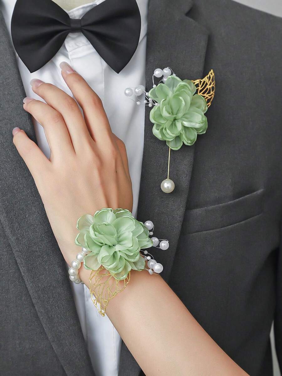 1pc/2pcs Green Rose Flower With Golden Leaves Beaded Brooch And Wristband, Suitable For Groom, Bride, Groomsman, Bridesmaid, Wedding Decoration, Banquet, Party, Travel Souvenir - Green - View 1