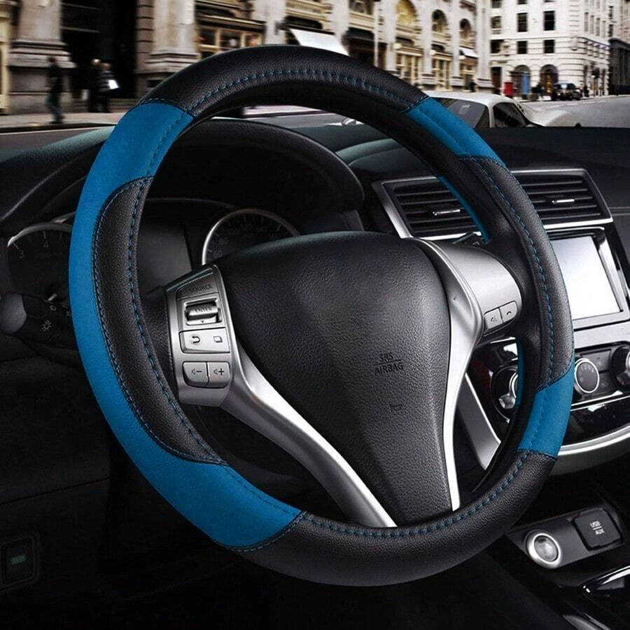 Leather Car Steering Wheel Cover, Non - Slip Car Wheel Cover Protector Breathable Microfiber Leather Universal Fit Most Beige - Blue-2 - View 1