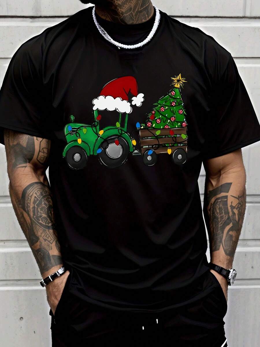 Men's Christmas Tractor & Farm-Themed T-Shirt With Santa Hat, Tree & Trailer Print - Lightweight Breathable Short Sleeve Casual Tee For Holiday Parties, Outdoor Activities - Funny Gift For Farmers, Tractor Lovers (Green/Yellow) - Black - View 1