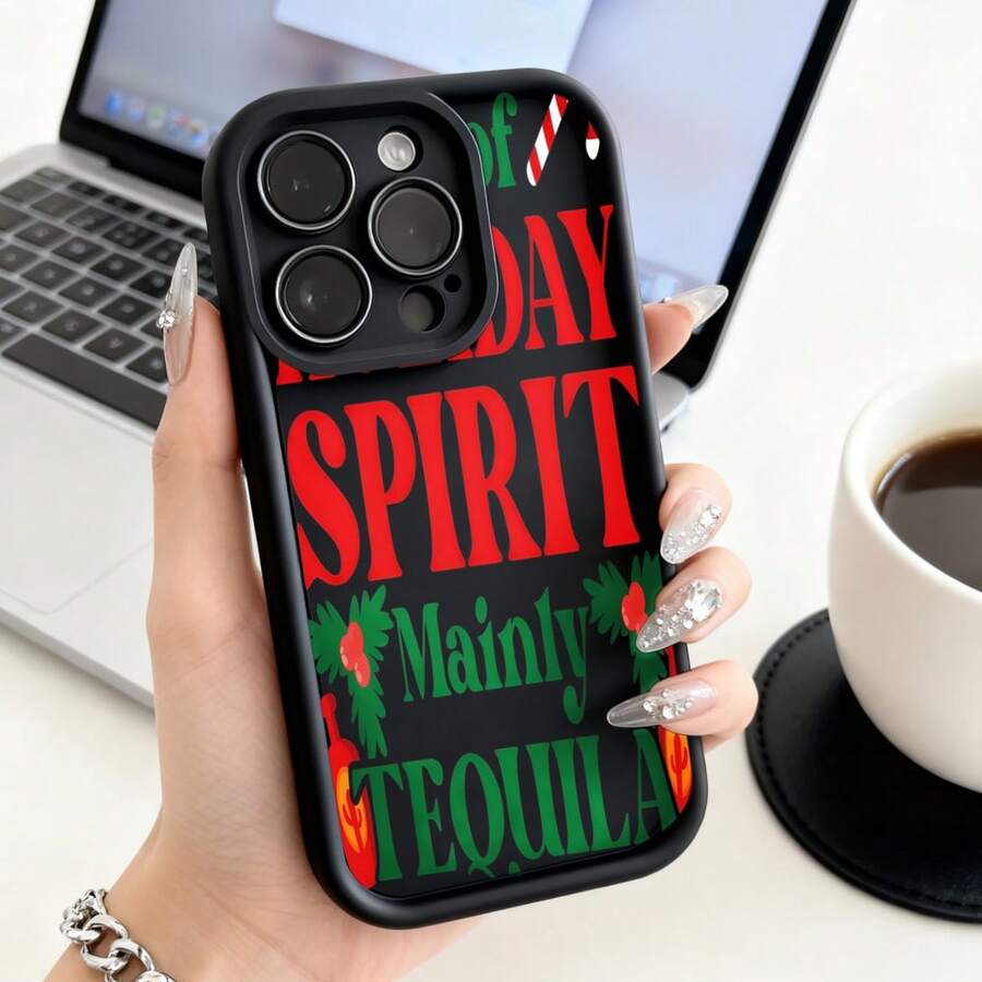 Cubierta de teléfono con diseño navideño negra con texto en rojo y verde que dice Holiday Spirit Mainly Tequila con motivos de acebo y bastones de caramelo ideal para temporada festivaCompatible with 16 Pro Max/16 Plus/16 Pro/16/15 Pro Max/15 Plus/15 Pro/15/14 Pro Max/14 Plus/14 Pro/14/13 Pro Max/13 Pro/13/12 Pro Max/12 Pro/12/11 Pro Max/11 Pro/11/XS Max/XR/X/7 Plus/7 TPU Drop-Proof and Stain-Resistant Protective Soft Case - Café integral - Ver 1