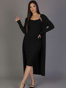 2pcs Women's Rib Knit Cardigan & Cami Midi Bodycon Dress Casual Loungewear - Black - View 1