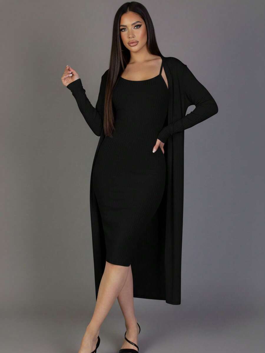 2pcs Women's Rib Knit Cardigan & Cami Midi Bodycon Dress Casual Loungewear - Black - View 1