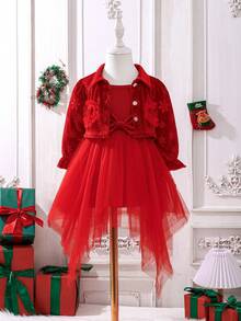 Set de 2 piezas, regalo de fiesta de cumpleaños para niñas: Chaqueta con bordado 3D en forma de corazón y falda vestido de malla irregular con corbata de lazo a rayas - Rojo - Ver 2