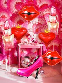 7pcs Lipstick & Lip Print Foil Balloon Set, Includes Lipstick Balloon, Lip Print Balloon, Crown Heart Balloon, High Heel Balloon, Suitable For Girls Party, Bachelorette Party, Birthday Decoration, Bridal Shower, Wedding, Masquerade Ball, Makeup Party, Bachelorette, Anniversary Celebration, Valentine's Day - Multicolor - View 5