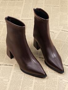 2025 Autumn/Winter New Fashion Pointed Toe Thick Heel Short Boots, Brown Leather High-End Slim Fit Ankle Boots With Back Zipper, Versatile And Elegant,High Heels - Brown - View 3