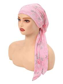 1pc New Ditsy Floral Crinkle Headscarf Hat, Versatile Women's Long Tail Tie Headband Cap, Fashionable & Elegant - Multicolor - View 9