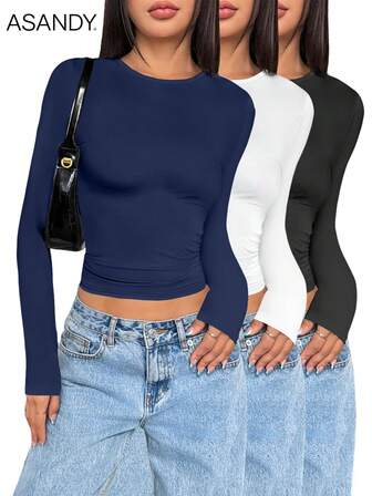 3pcs Women's Solid Color Minimalist Long Sleeve Base Layer T-Shirts, Autumn/Winter