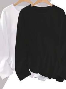 Women's Two Pieces Long-Sleeve T-Shirt, Pure Cotton Long-Sleeve Crew Neck Top, Women's Top, Autumn And Winter, Winter Inner Lining - Multicolor - View 8