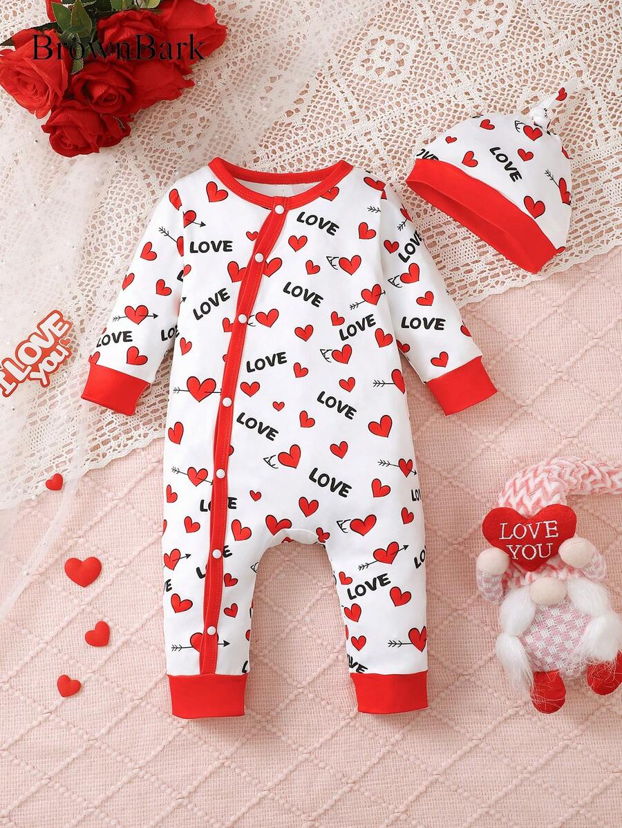 Valentine's Day Romper, Infant/Toddler Boys Heart Print Round Neck Front Snap Closure Romper + Hat
