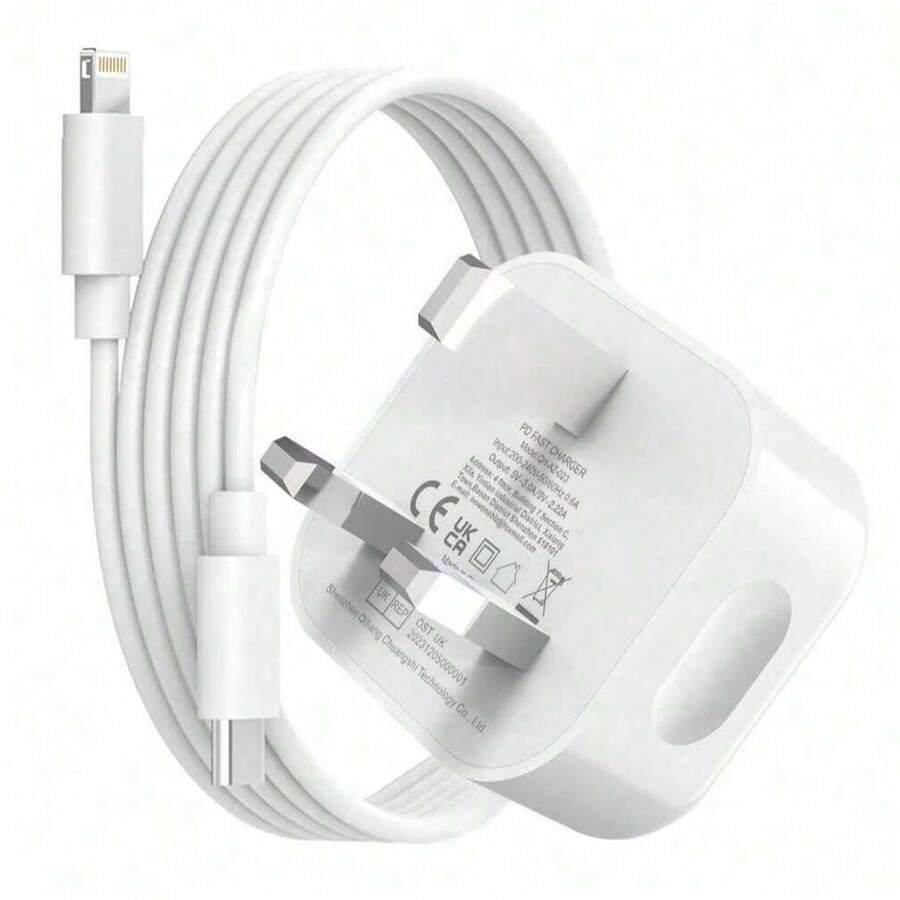 20W 快速充电适配器套装：1 X 英国插头 20W 快速充电器头 + 1 X 3.3 英尺/100 厘米快速充电线，兼容 14 Pro Max/14 Pro/14 Plus/14/13/12/11、iPad、系列壁式充电器适配器，适用于旅行、办公室、宿舍和家庭