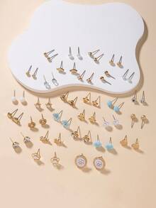 30 Pairs/Set Minimalist Fashion Women Stud Earrings Set, Cute Flower, Heart, Rhinestone, Faux Pearl, Square, Geometric Designs, Suitable For Daily And Holiday Wear, Gift - Multicolor - View 3