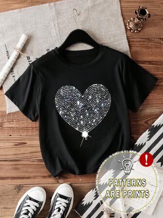 心形仿水钻印花圆领 T 恤，休闲宽松短袖夏季 T 恤，女款
