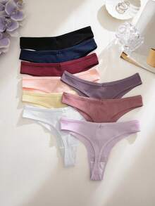 9pcs/Pack Women's Solid Color Ribbed Sexy Thong Underwear, Comfortable & Breathable - Multicolor - View 3