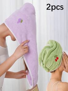 1/2/3/4pcs Coral Fleece Embroidered Fruit Design Hair Towel Wrap, Absorbent & Soft, Girly Style, For Women - Green - View 8