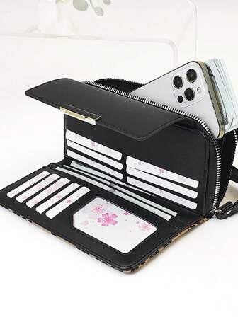 MINGYOU Soft Litchi Texture Handbag, Multifunctional Wallet, Fashion Soft Material High-End Embroidery Portable Casual Black Mobile Wallet, Women's Zipper Mobile Wallet Suitable For Shopping, Travel Essentials