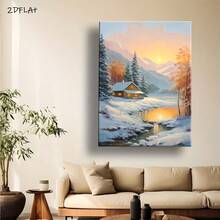 Arte de pared de casa de montaña elegante 2D plano - Impresión en lienzo enmarcada con borde de madera clásico, perfecto para la decoración de la sala de estar, dormitorio o oficina, listo para colgar, idea de regalo, decoración de montaña - transparente - Ver 1