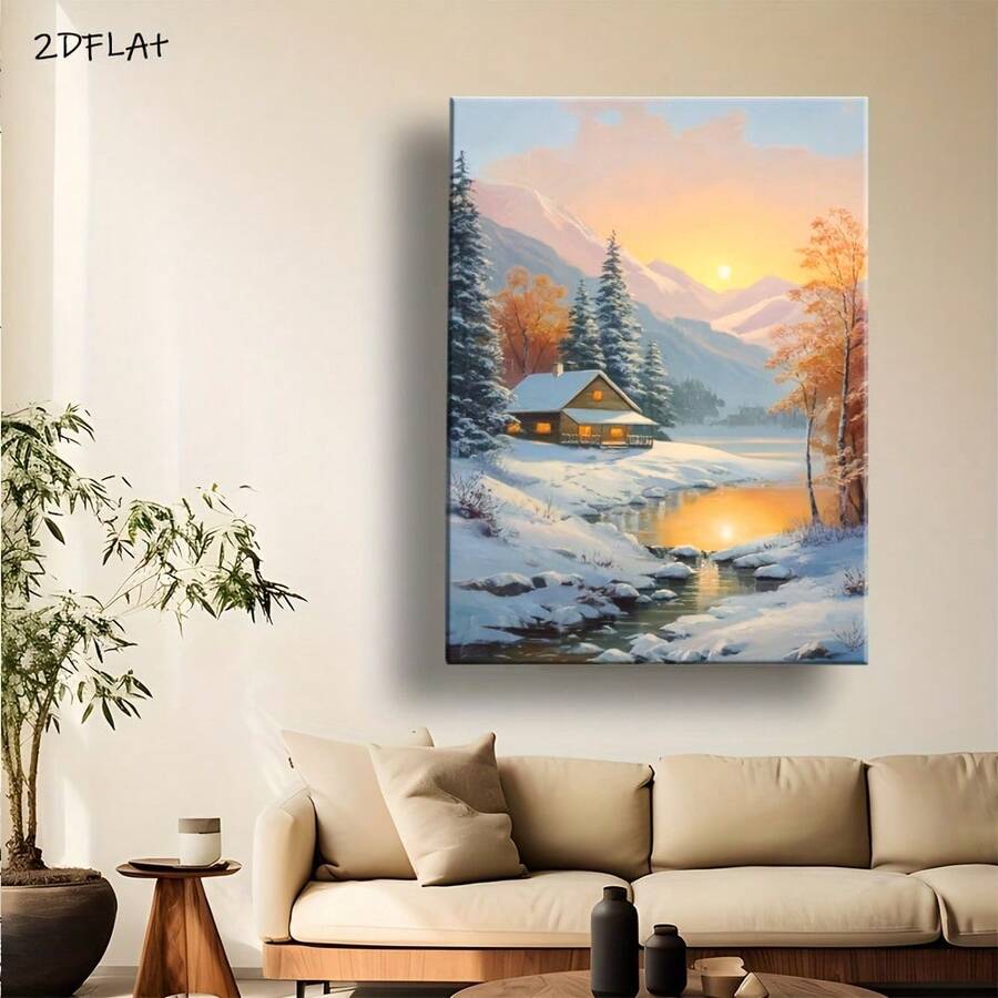 Arte de pared de casa de montaña elegante 2D plano - Impresión en lienzo enmarcada con borde de madera clásico, perfecto para la decoración de la sala de estar, dormitorio o oficina, listo para colgar, idea de regalo, decoración de montaña - transparente - Ver 1