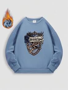 一件拉文克劳雄鹰浅蓝色卫衣，抓绒内衬棉质宽松套头衫，巫师主题图案女式圆领上衣 - 牛仔藍 - 查看 2