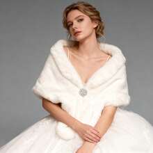 新娘皮草披肩，白色蓬松披肩，饰有水钻，可作晚礼服保暖斗篷，优雅外套 - 白色 - 查看 8