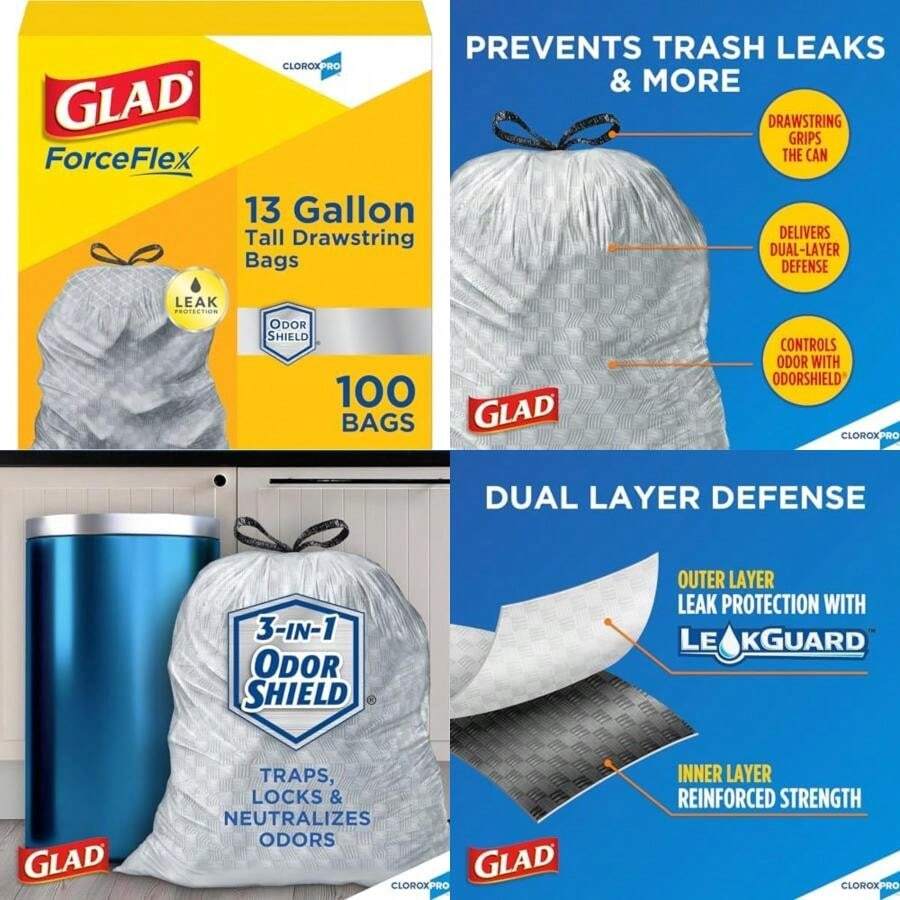 CloroxPro Glad ForceFlex Bolsas de basura de 13 galones de alto con cordón para cocina, 100 quilates (el paquete puede variar)(13 Gal) - Multicolor - Ver 1