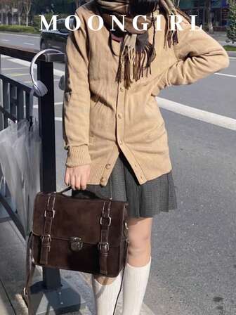 Retro brun japansk collegeväska med spänne, höst- och vinteraxelväska, JK-uniformväska, trendig pendlingsaxelväska, skolryggsäck