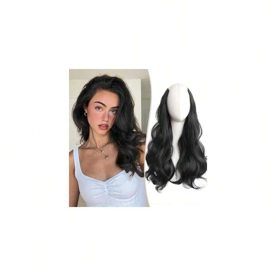 Clip In Hair Extensions 20 Inches V-Shaped Hair Extension One Piece Wavy Clip In Hair Extensions Synthetic Hair Extension For Women (1B),NaturalBlack - NaturalBlack - View 1